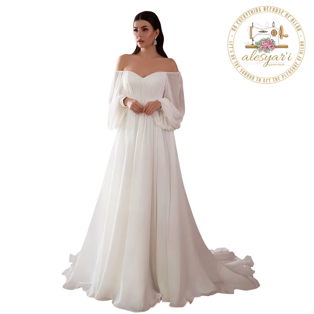 Alesyari Shop I Elegant Women's Wedding Evening Gown with Sexy Off-Shoulder V-Neck, Long Puff Sleeves, and Ruched Details - White Slim Fit Maxi Floor-Length Dress