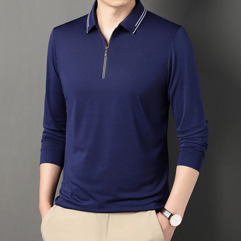 New Men Polo Shirts Long Sleeve Turn-down Collar T-shirts Zipper Business Casual Men Clothing