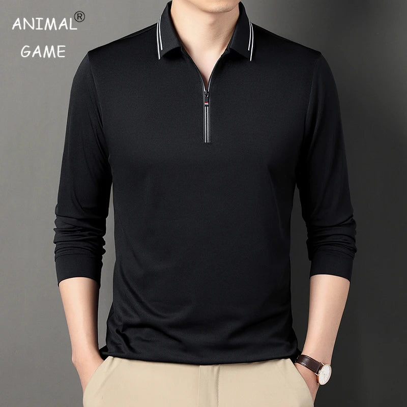 New Men Polo Shirts Long Sleeve Turn-down Collar T-shirts Zipper Business Casual Men Clothing