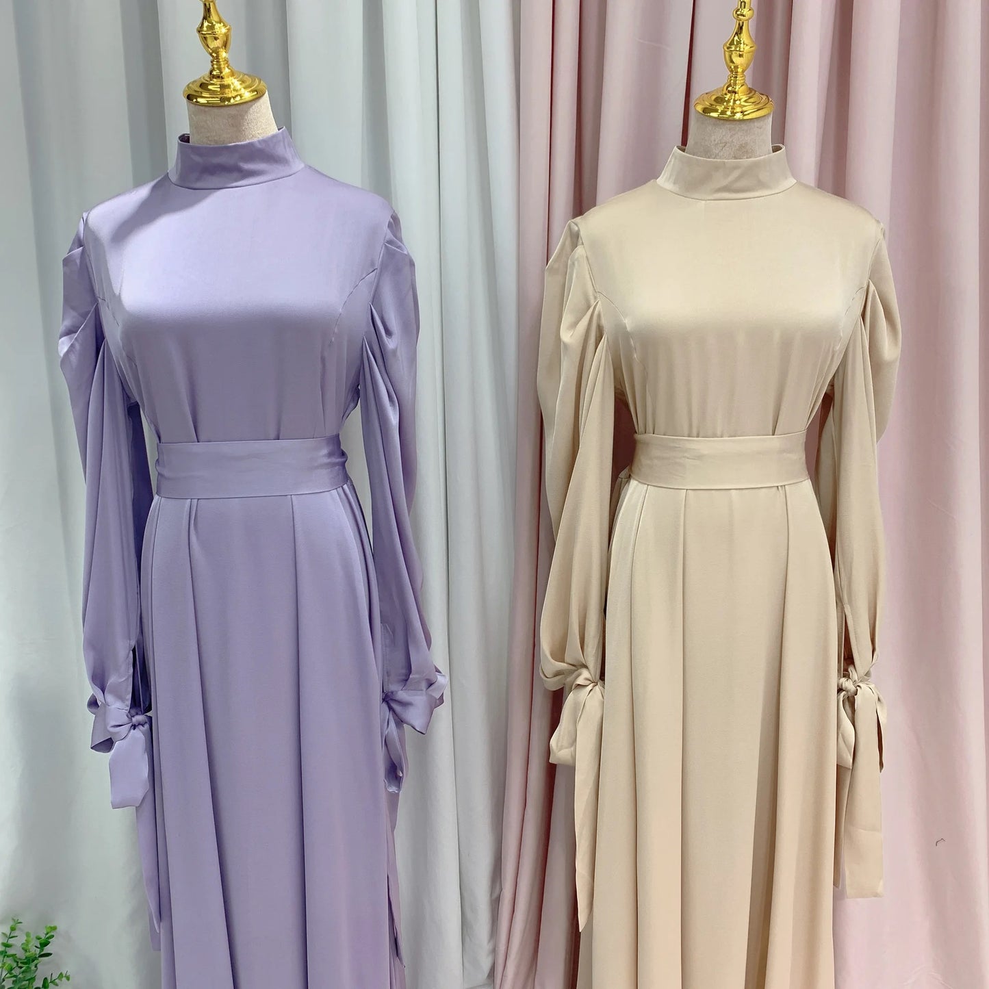 Alesyari Shop I Islamic Satin Dress with Balloon Sleeves and Ribbon, perfect for Eid Mubarak and Turkish style