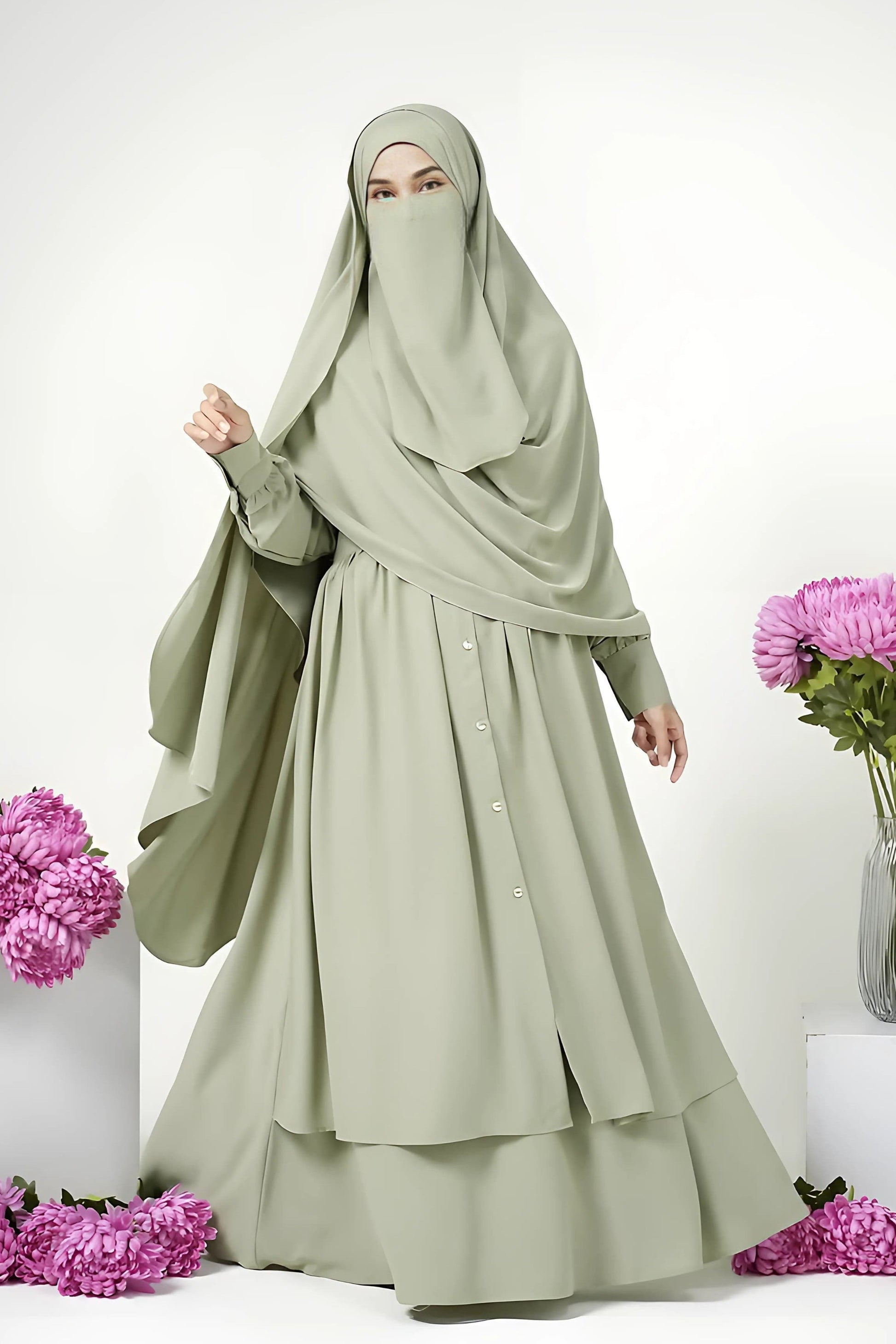 Timeless Tunic Style Abaya with French Khimar or Hijab Scarf Free Half Niqab Women Islamic Clothing