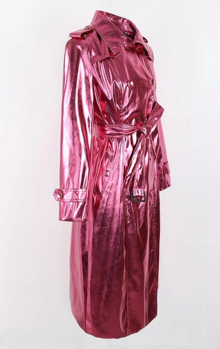 Alesyari shop I Spring Autumn Long Shiny Reflective Patent Leather Trench Coat for Women Sashes Double Breasted European Fashion