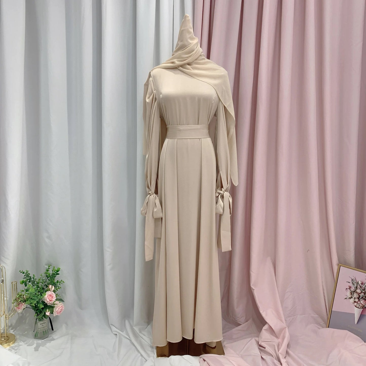 Alesyari Shop I Islamic Satin Dress with Balloon Sleeves and Ribbon, perfect for Eid Mubarak and Turkish style