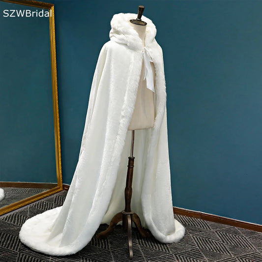 New Arrival Winter Long warm Wedding capes white wedding cloak Floor Length Bride shawl Faux fur cape coat adult Bridal Wrap