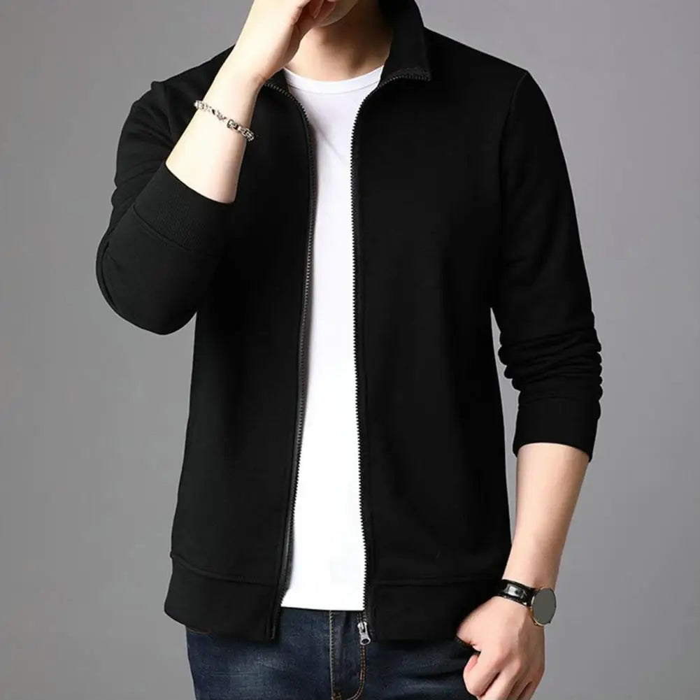 Men Ribbed Cuff Jacket Men Zippered Coat Stylish Men's Lapel Zipper Jacket Slim Fit Outwear with Pockets Solid for Spring/autumn