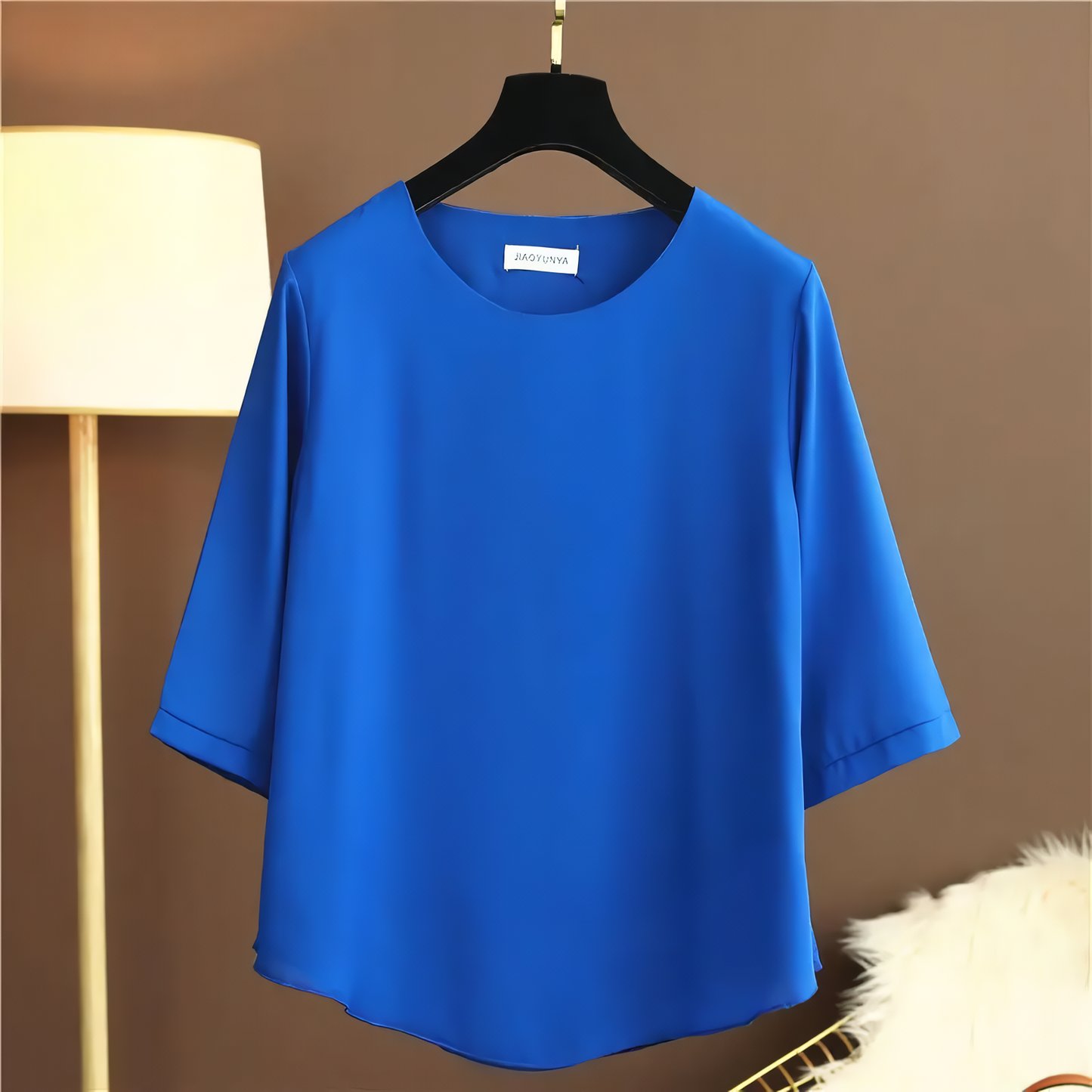 European Station Spring and Summer New Light Luxury Solid Color Chiffon Round Neck Shirt Loose Large Size Short-sleeved Shirt