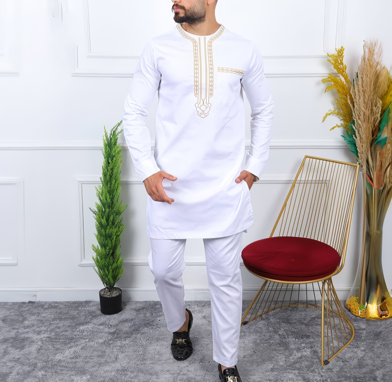 Alesyari Shop I White Kaftan 2 Piece Sets Men's Suit Button Crew Neck Pockets Long Sleeve Top and Pants Wedding Ethnic Style Outfit Clothing