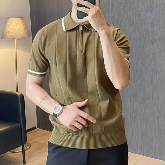 Vintage Zipper Lapel High Quality Knit Tops For Men Summer Leisure Solid Color Short Sleeve Knitted Polo Shirt Mens Streetwear