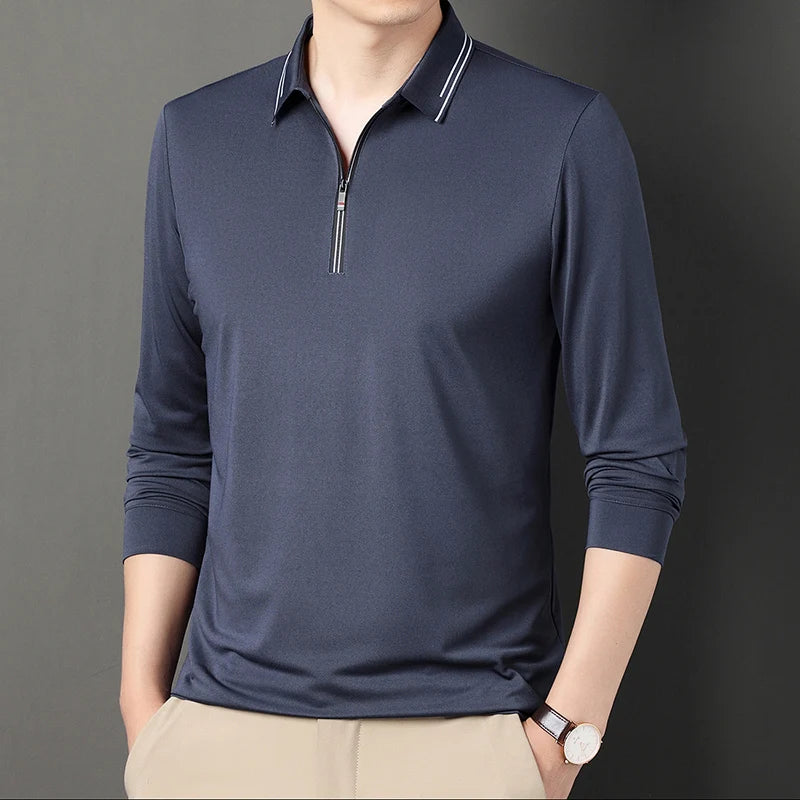 New Men Polo Shirts Long Sleeve Turn-down Collar T-shirts Zipper Business Casual Men Clothing