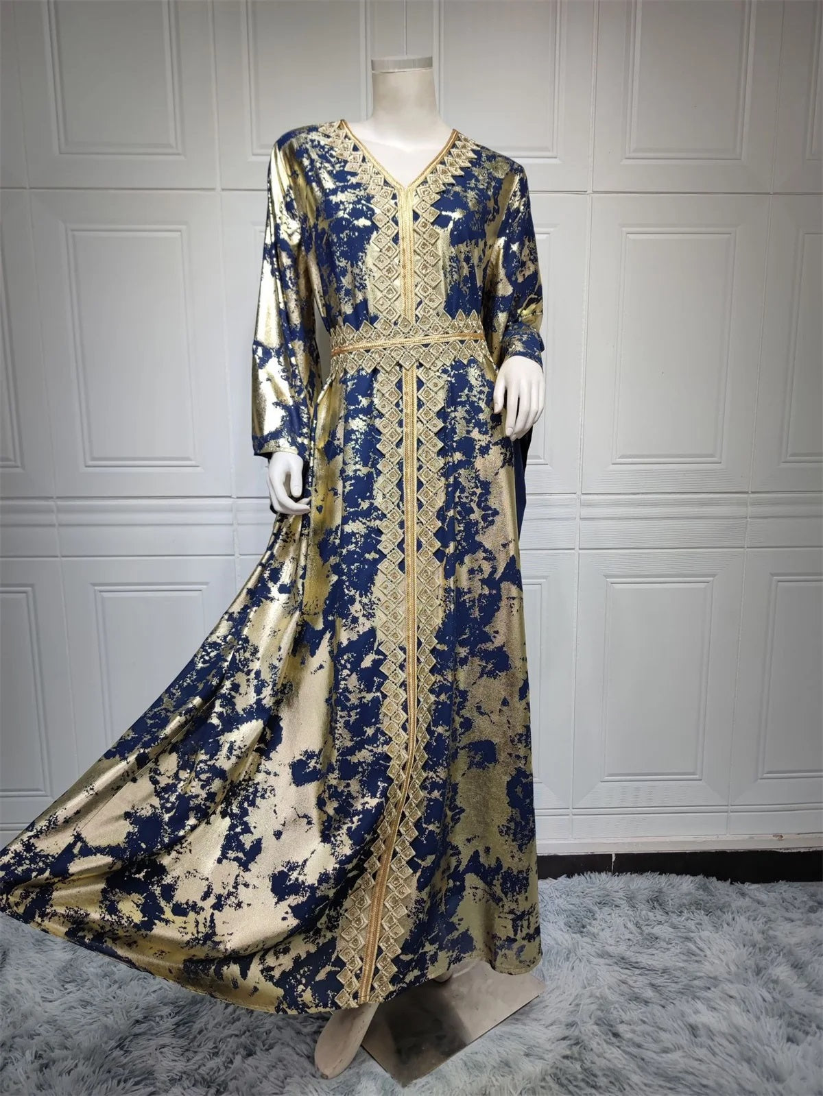 Alesyari Shop I Muslim Abaya Dress: Chiffon Elegance with Gold Stamping, Lace Trim, and V-Neck Ruffle Sleeves for Eid and Beyond