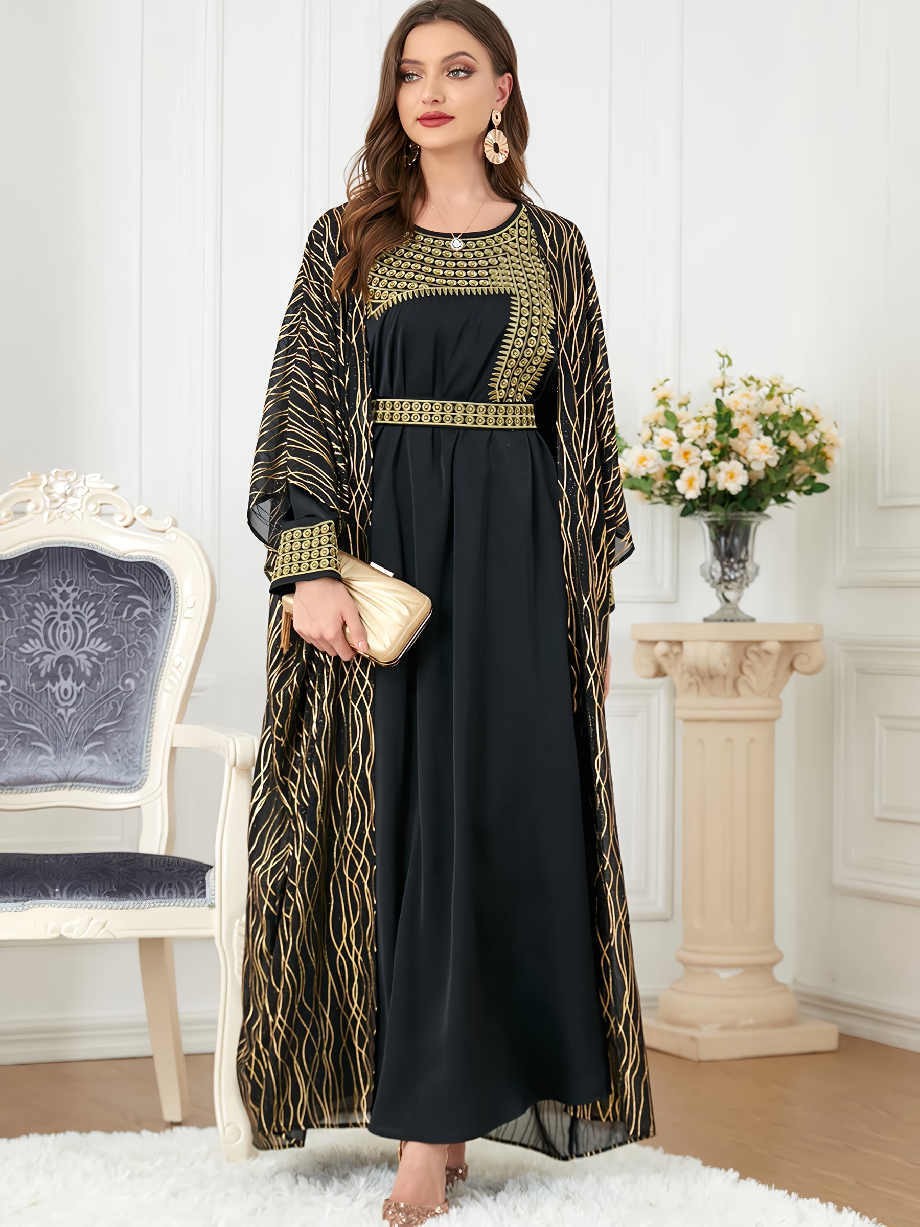 Alesyari Shop I Chiffon Mantle with Satin Embroidery Set, Elegant Two-Piece Spring Dress Set for Women