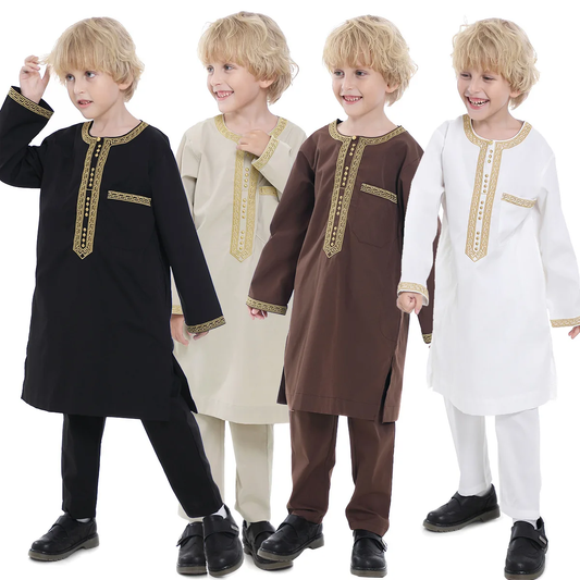 Alesyari Shop I 2024 Saudi Arabia Children Robe Muslim Clothes Kids Qamis Boy Jubba Thobe 2 Piece Set Islamic Clothing Men Party Abaya Kaftan