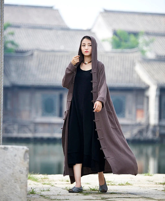 Alesyari Shop I Women Hooded Long Coat Cotton Spring Autumn Overcoat Style Loose Robe Red Black Witch Wizard Trench Coat B097