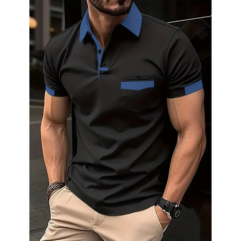 KPOP Fashion Style Harajuku Slim Fit Ropa Hombre Loose Casual All Match Solid Korean Style Patchwork Short Sleeve POLO Shirt