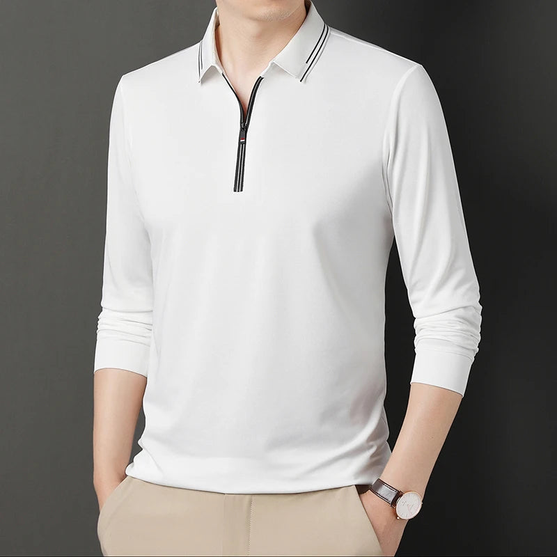 New Men Polo Shirts Long Sleeve Turn-down Collar T-shirts Zipper Business Casual Men Clothing