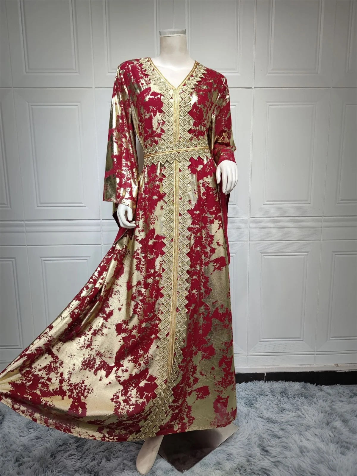 Alesyari Shop I Muslim Abaya Dress: Chiffon Elegance with Gold Stamping, Lace Trim, and V-Neck Ruffle Sleeves for Eid and Beyond