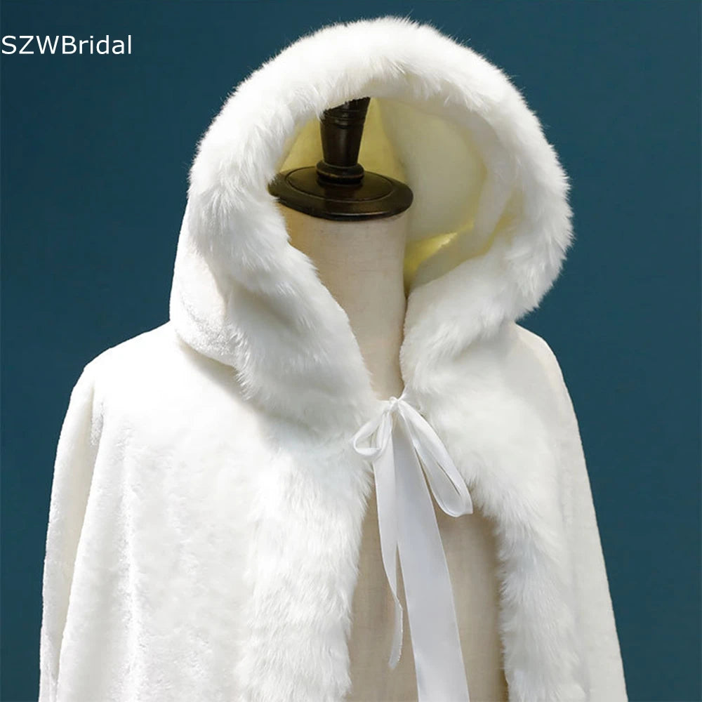 New Arrival Winter Long warm Wedding capes white wedding cloak Floor Length Bride shawl Faux fur cape coat adult Bridal Wrap