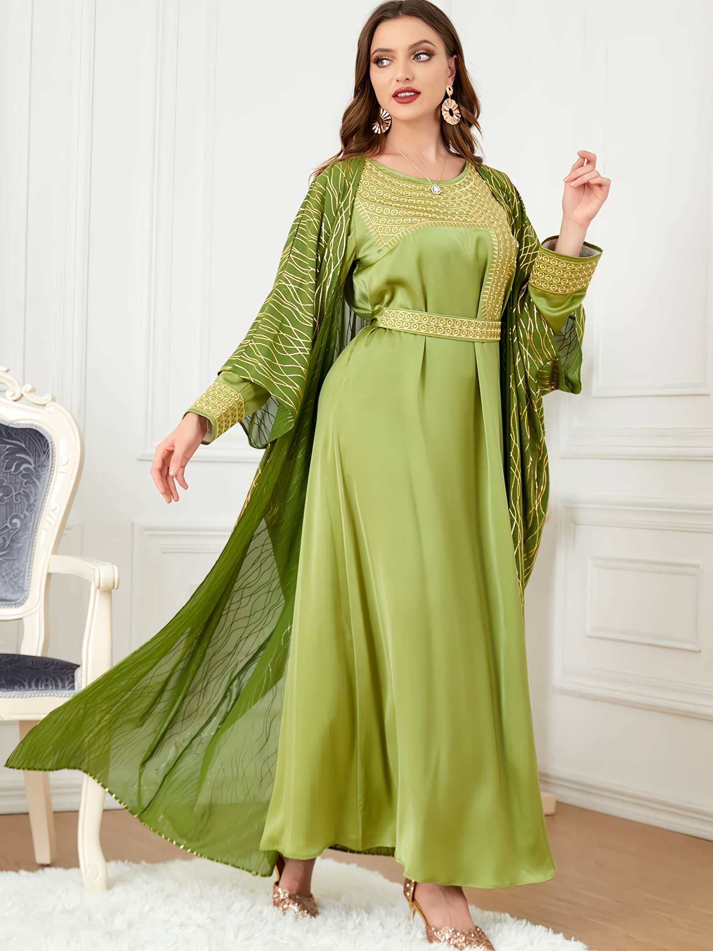 Alesyari Shop I Chiffon Mantle with Satin Embroidery Set, Elegant Two-Piece Spring Dress Set for Women