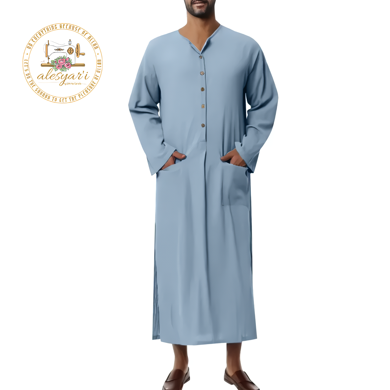 Alesyari Shop I Mens Islamic 2024 Jubba Thobe Long Sleeve, Solid Pockets,  Abaya Dress Classic Muslim Kaftan for Discerning Gentlemen