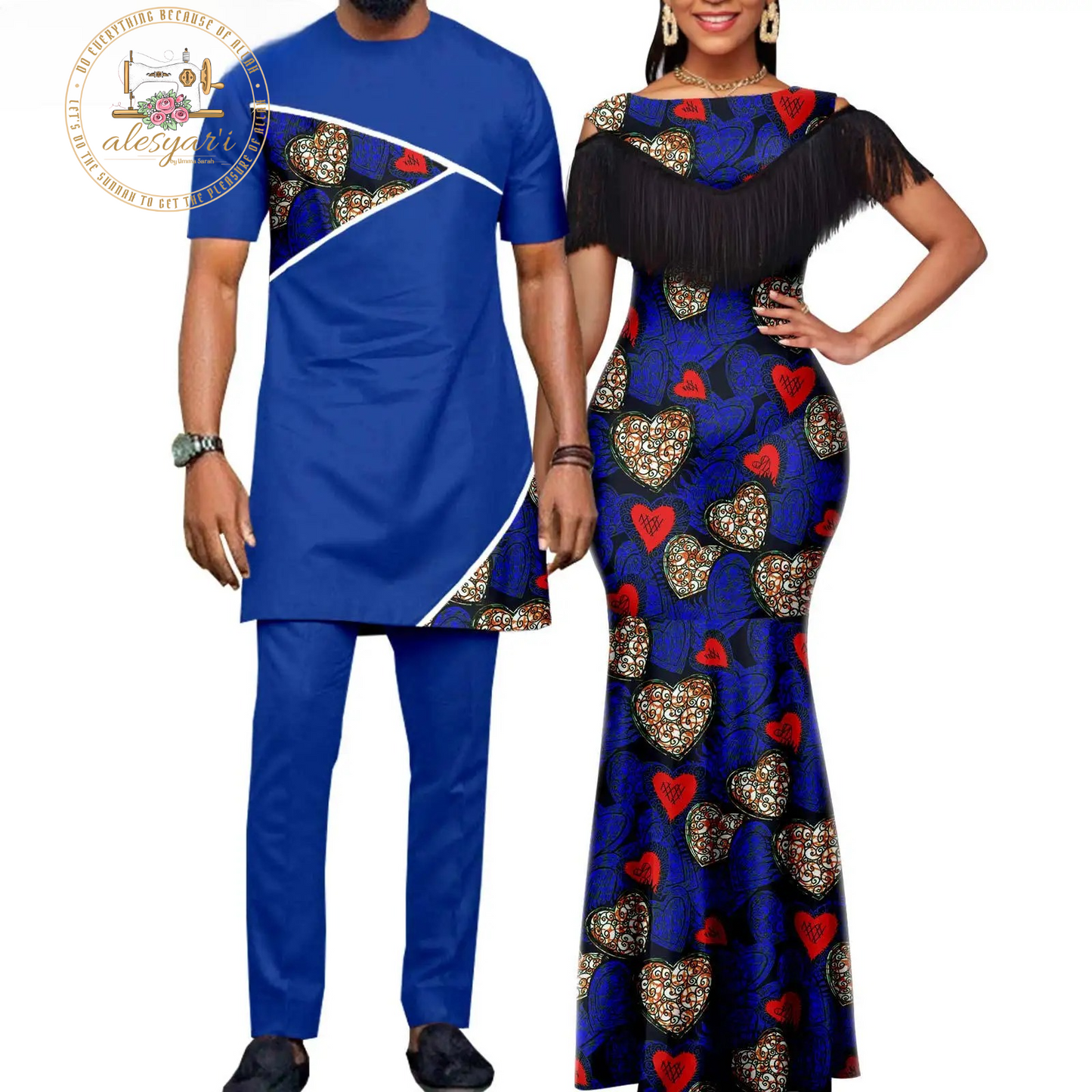 Alesyari Shop I African Dresses for Women: Matching Couples Outfit - Long Dress with Printed Images, Slim Fringed Dashiki Bazin Riche for Parties