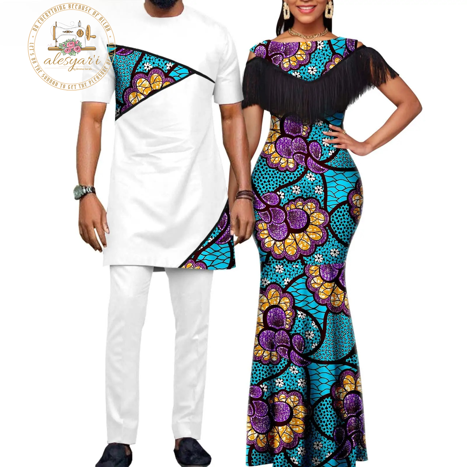 Alesyari Shop I African Dresses for Women: Matching Couples Outfit - Long Dress with Printed Images, Slim Fringed Dashiki Bazin Riche for Parties