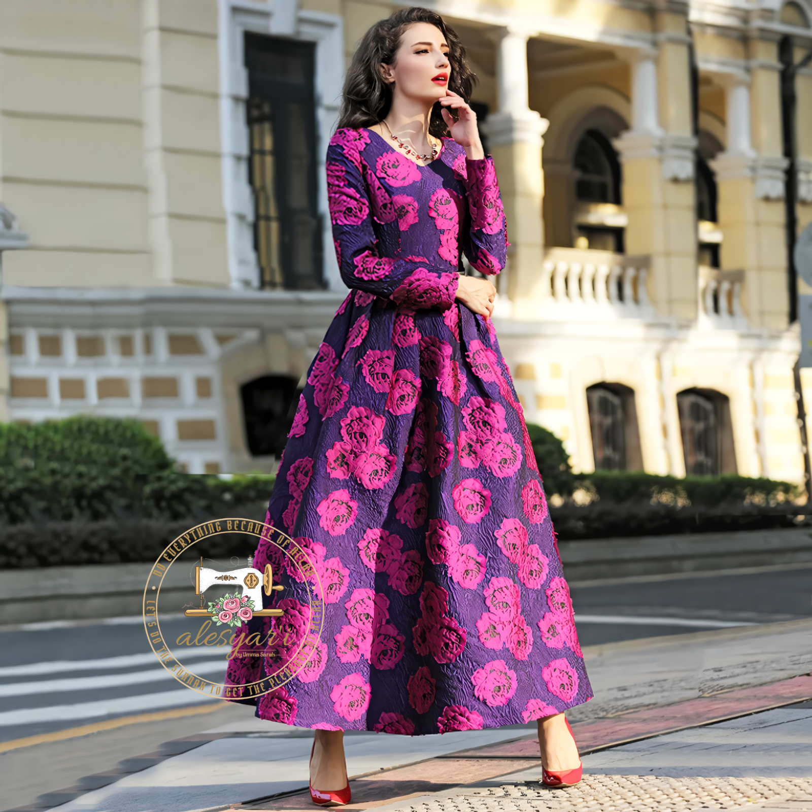 Alesyari Shop I Long Sleeve Long Maxi Autumn Winter Dress Party for Women Boho Floral Jacquard Dress Fashion