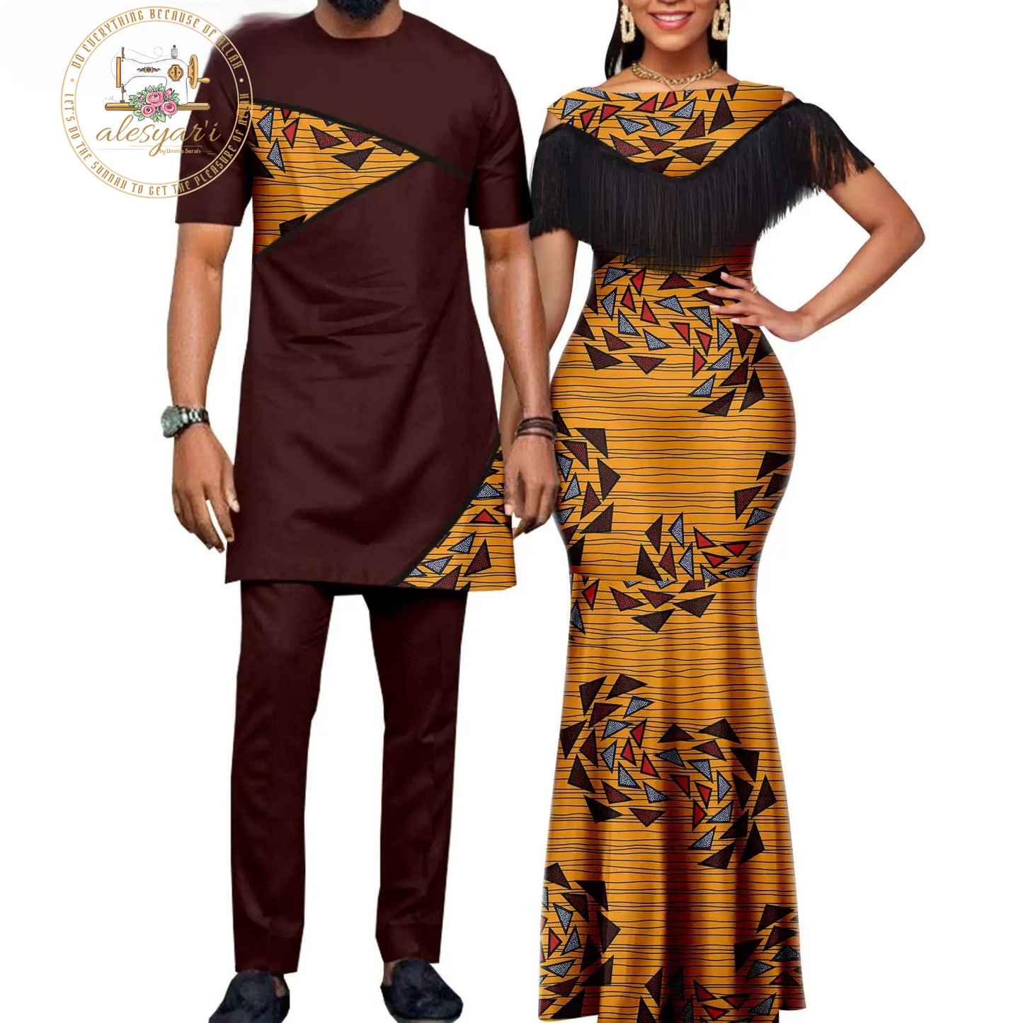 African Dresses for Women: Matching Couples Outfit - Long Dress with Printed Images, Slim Fringed Dashiki Bazin Riche for Parties