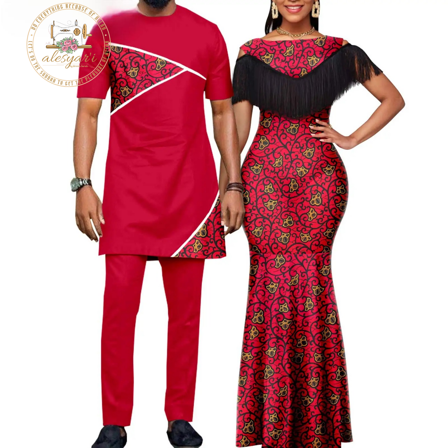 African Dresses for Women: Matching Couples Outfit - Long Dress with Printed Images, Slim Fringed Dashiki Bazin Riche for Parties