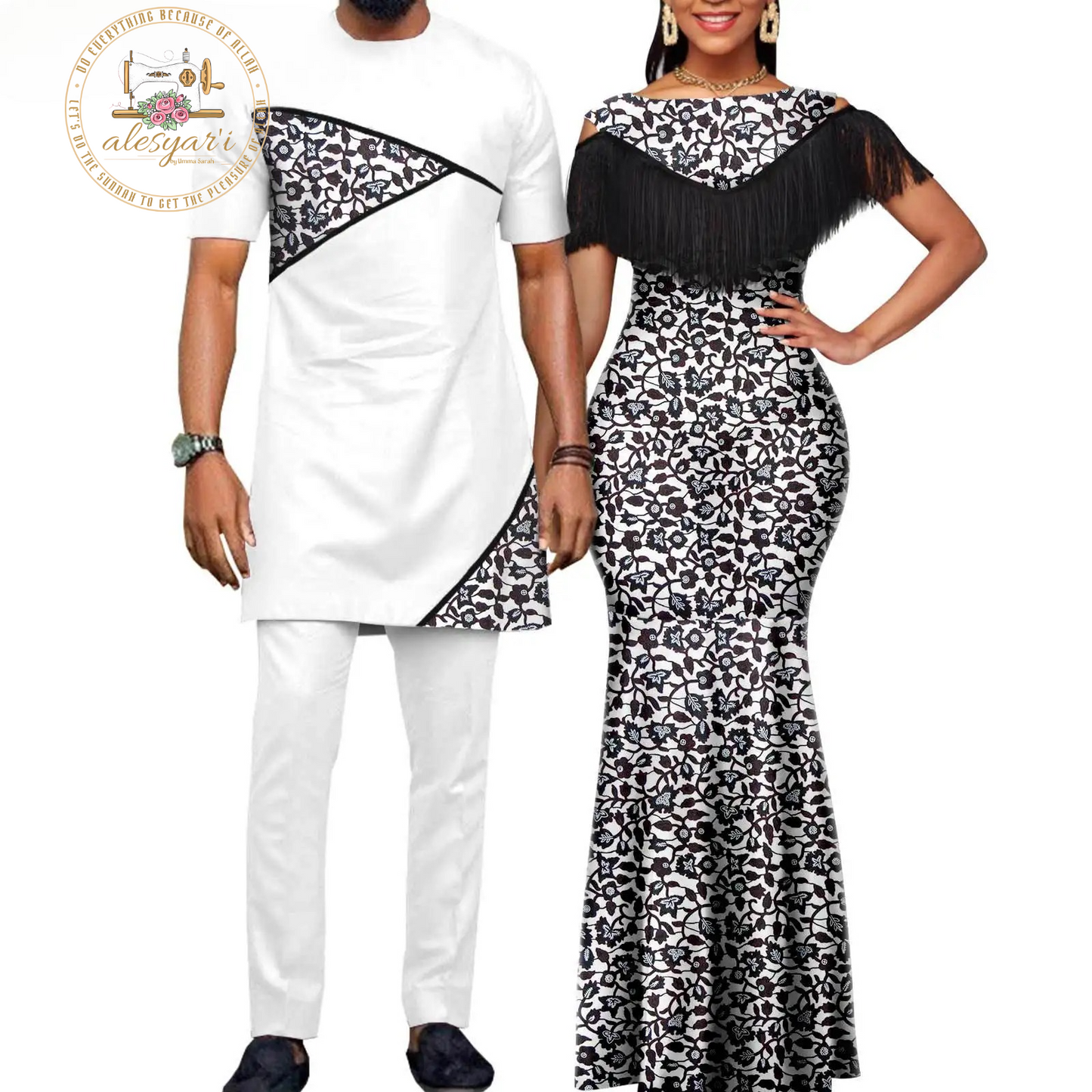 African Dresses for Women: Matching Couples Outfit - Long Dress with Printed Images, Slim Fringed Dashiki Bazin Riche for Parties