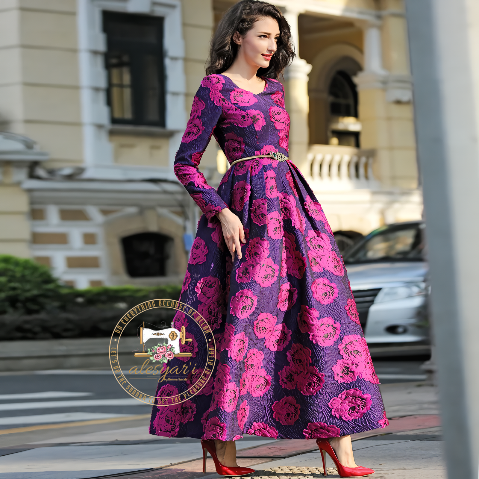 Alesyari Shop I Long Sleeve Long Maxi Autumn Winter Dress Party for Women Boho Floral Jacquard Dress Fashion