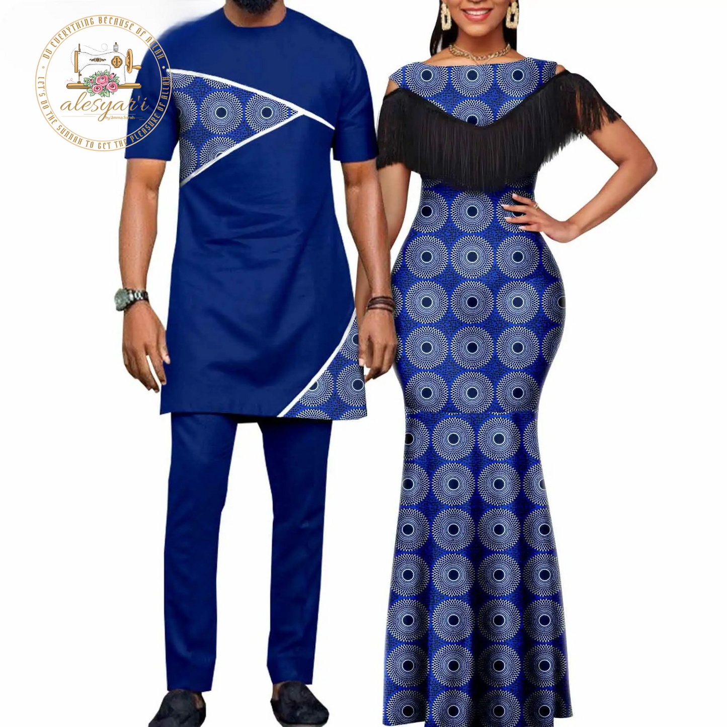 African Dresses for Women: Matching Couples Outfit - Long Dress with Printed Images, Slim Fringed Dashiki Bazin Riche for Parties