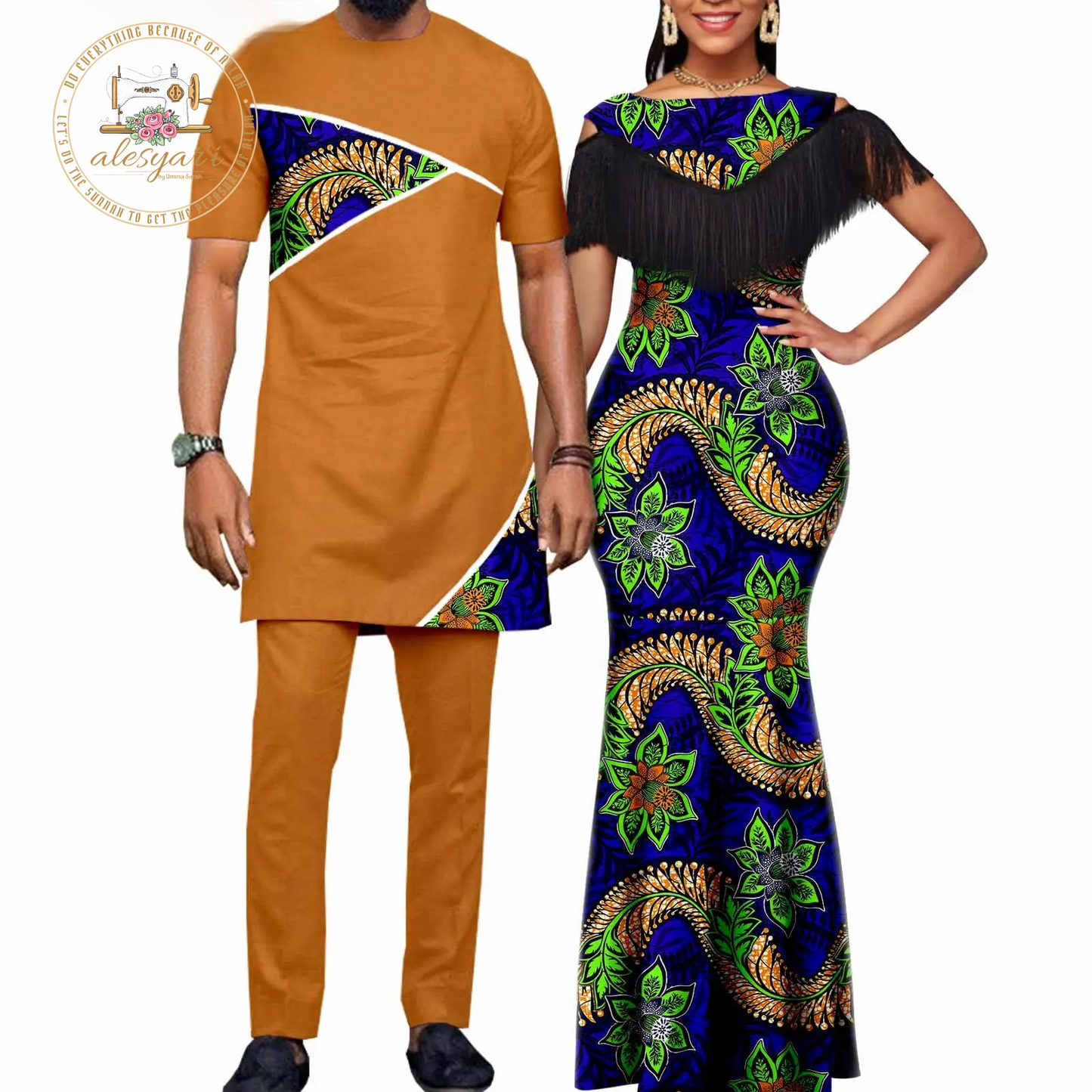 Alesyari Shop I African Dresses for Women: Matching Couples Outfit - Long Dress with Printed Images, Slim Fringed Dashiki Bazin Riche for Parties