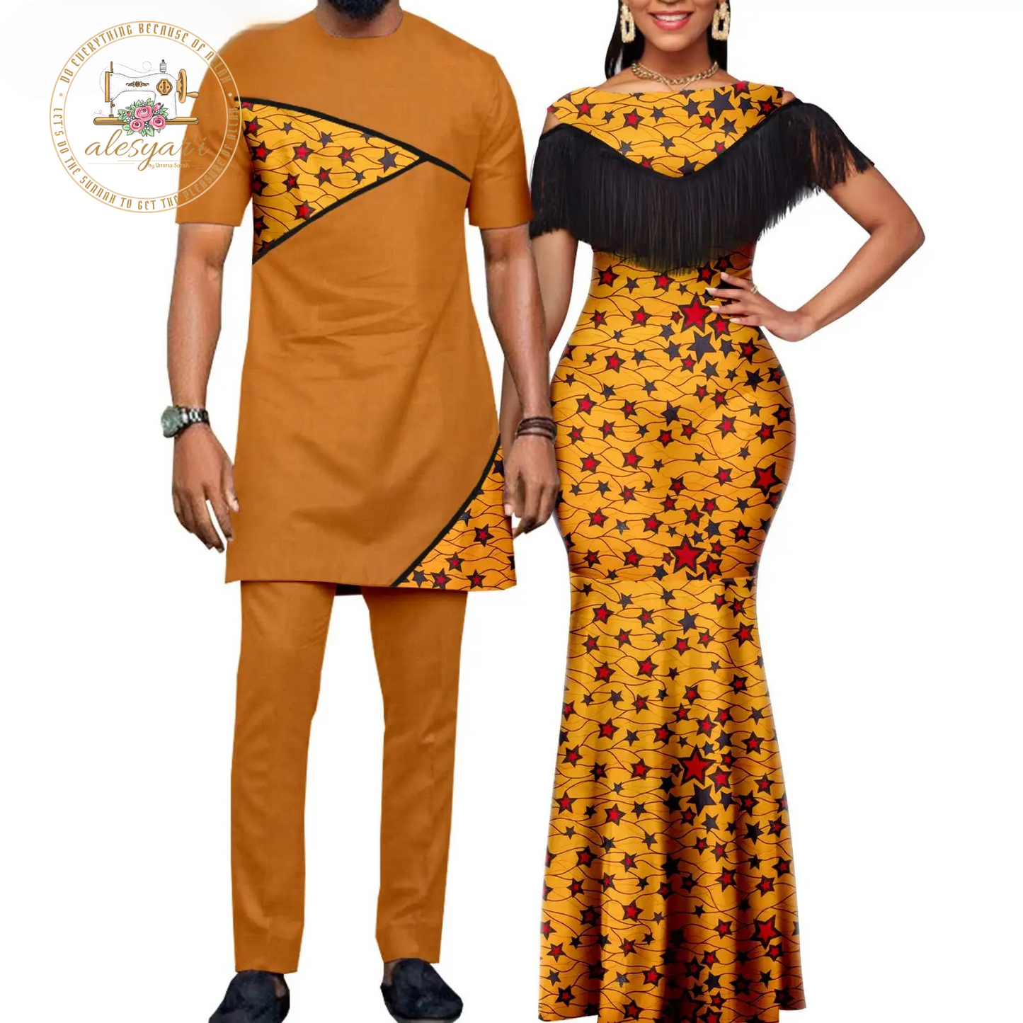 Alesyari Shop I African Dresses for Women: Matching Couples Outfit - Long Dress with Printed Images, Slim Fringed Dashiki Bazin Riche for Parties