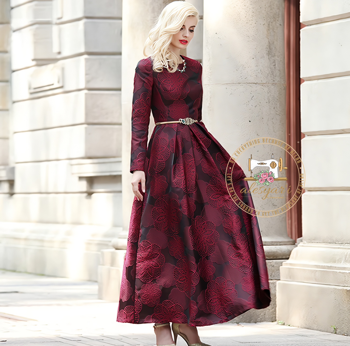 Maxi Length Long Sleeve Women's Dress for Fall/Winter - Elegant Burgundy Jacquard Flower Boho Antique Abaya in Plus Size