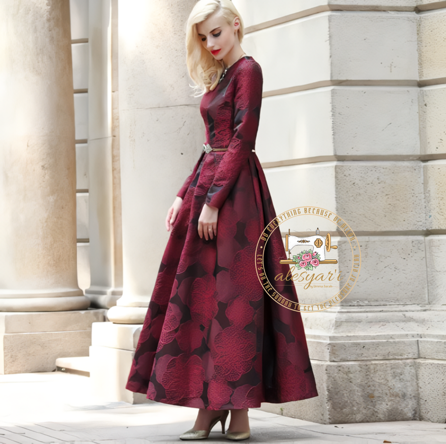 Maxi Length Long Sleeve Women's Dress for Fall/Winter - Elegant Burgundy Jacquard Flower Boho Antique Abaya in Plus Size