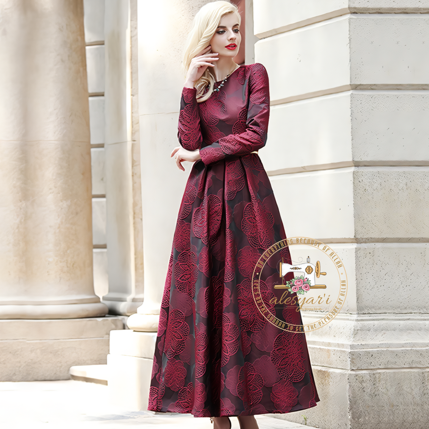 Maxi Length Long Sleeve Women's Dress for Fall/Winter - Elegant Burgundy Jacquard Flower Boho Antique Abaya in Plus Size