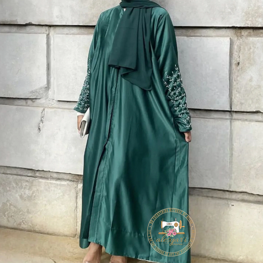 Alesyari Shop I Solid Color Handmade Beaded Dress Gown Muslim Open Abaya Cardigan with Belt Women Islam Clothing Kimono