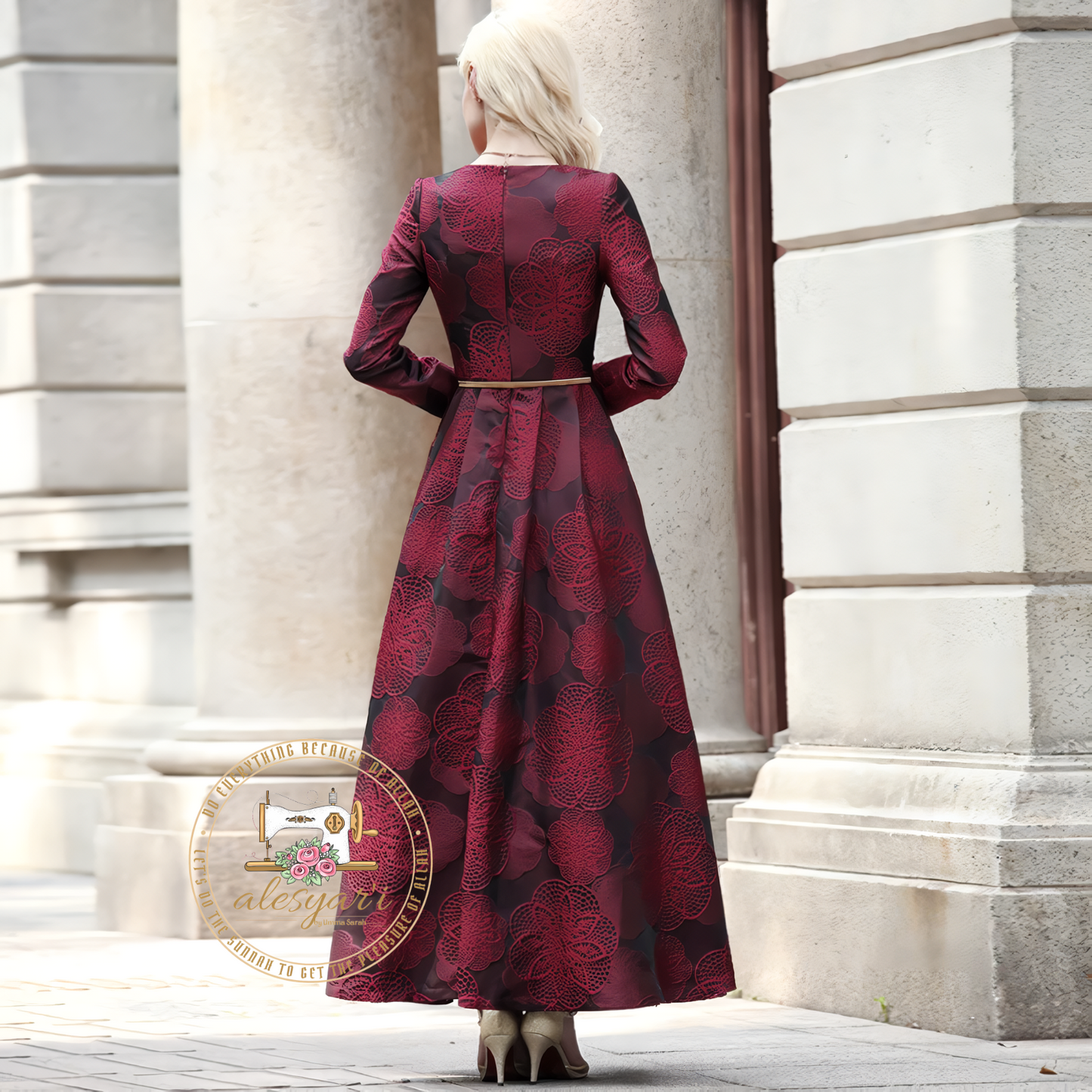 Maxi Length Long Sleeve Women's Dress for Fall/Winter - Elegant Burgundy Jacquard Flower Boho Antique Abaya in Plus Size