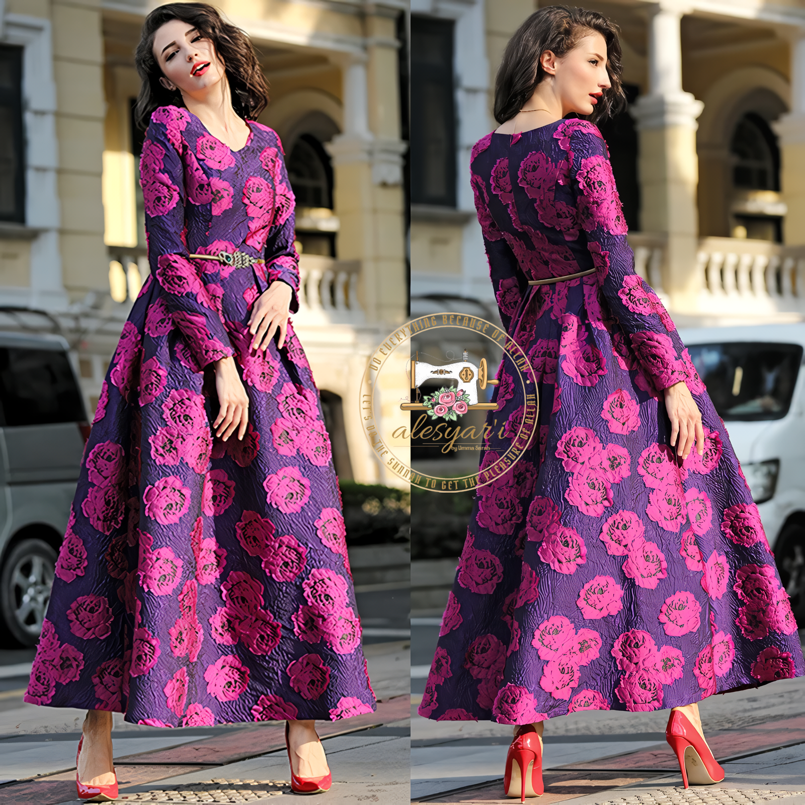 Alesyari Shop I Long Sleeve Long Maxi Autumn Winter Dress Party for Women Boho Floral Jacquard Dress Fashion