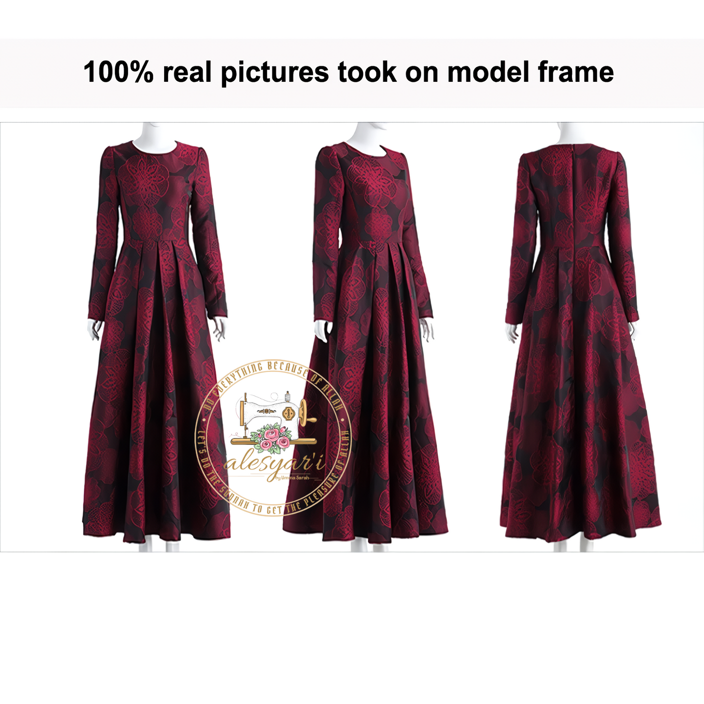 Maxi Length Long Sleeve Women's Dress for Fall/Winter - Elegant Burgundy Jacquard Flower Boho Antique Abaya in Plus Size