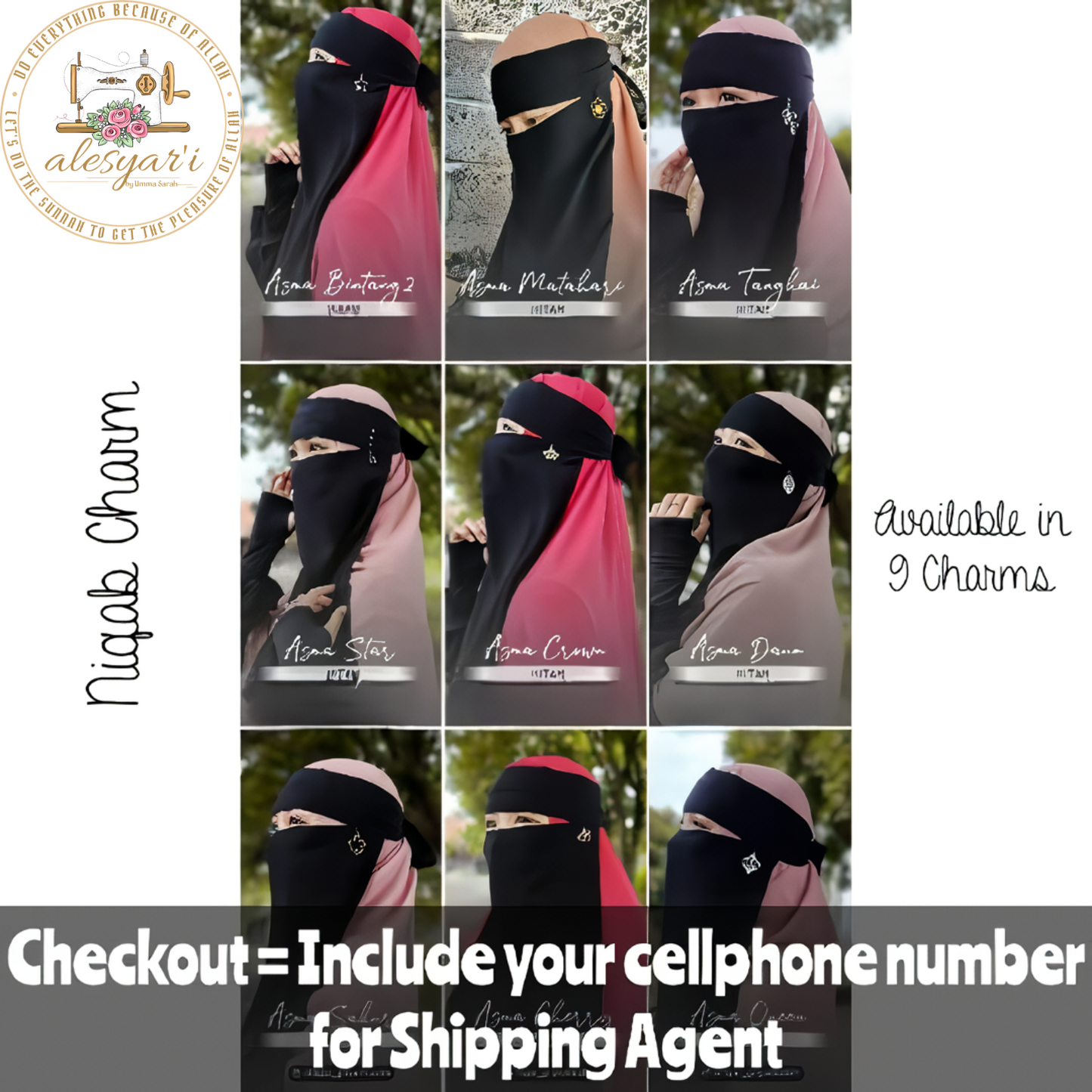 Alesyari Shop I 10 pcs Niqab Veil Charm / Simple & Beautiful Niqab for Women / 5 pcs Free 1 pcs Tasbih Digital /Chat Me for the Charms Selection / Wholesale