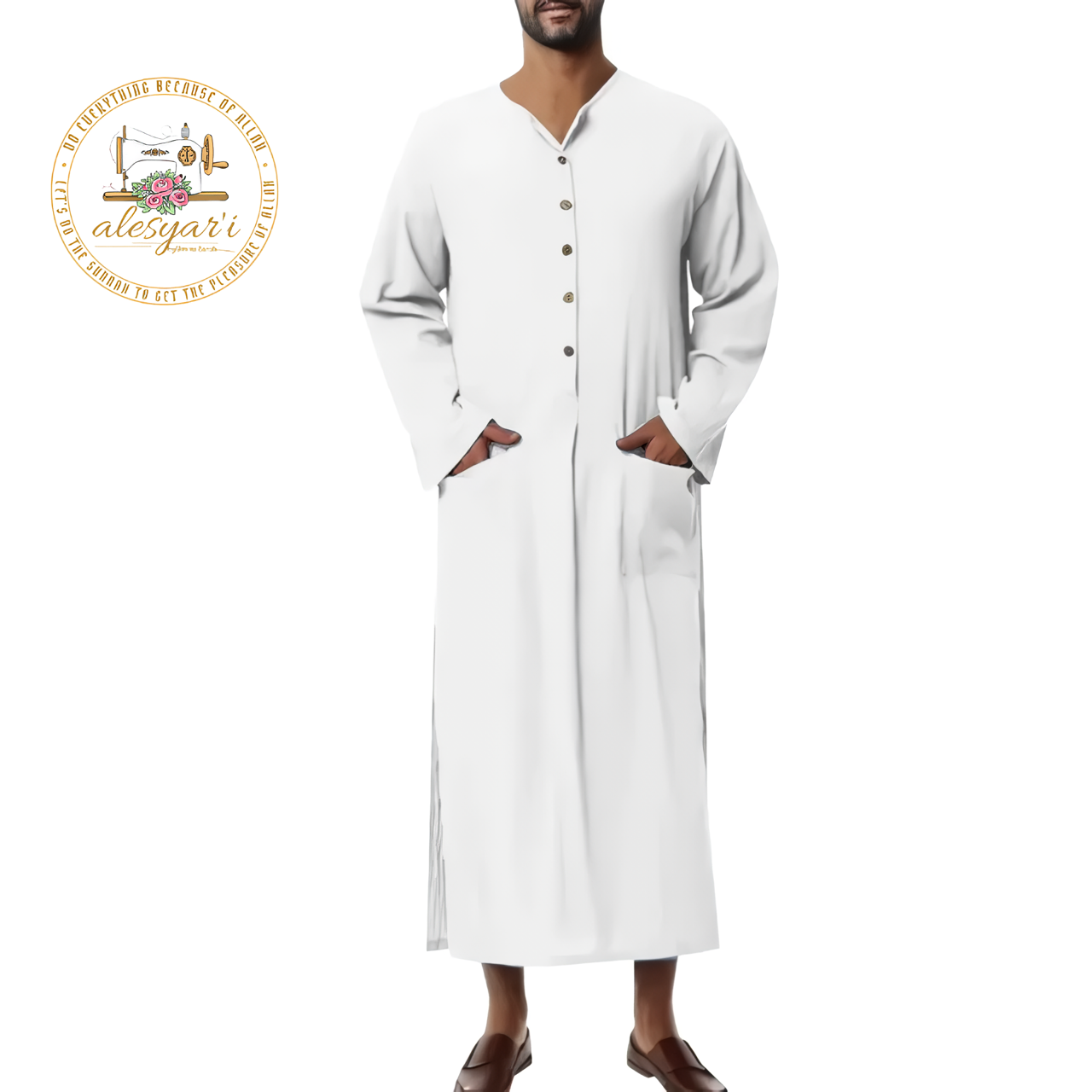 Alesyari Shop I Mens Islamic 2024 Jubba Thobe Long Sleeve, Solid Pockets,  Abaya Dress Classic Muslim Kaftan for Discerning Gentlemen