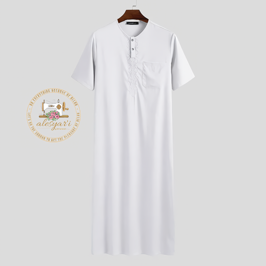 Alesyari Shop I Men's Vintage Solid Color Muslim Kaftan Long Shirts with Short Sleeve Round Neck Robes  Fashionable Jubba Thobe for Casual Style