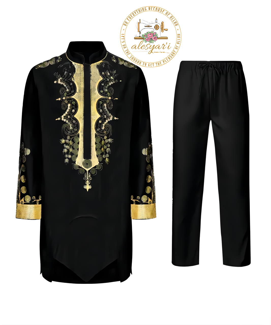 Alesyari Shop I Men Metal Gold-Printed Long Sleeved Shirt with Collar Perfect for Weddings and National Celebrations in a Two-Piece Set