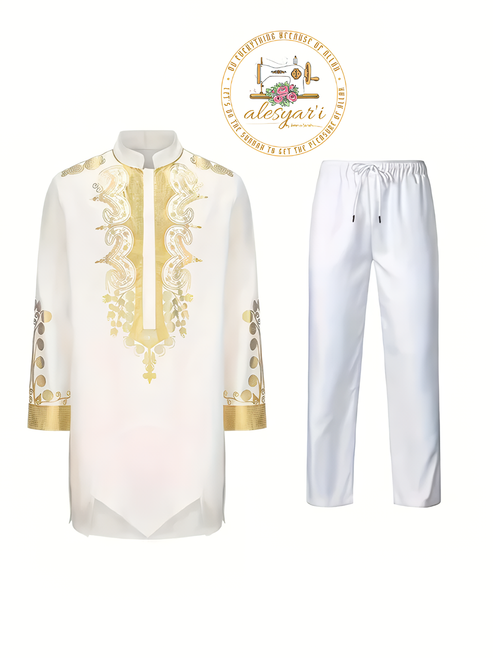 Alesyari Shop I Men Metal Gold-Printed Long Sleeved Shirt with Collar Perfect for Weddings and National Celebrations in a Two-Piece Set