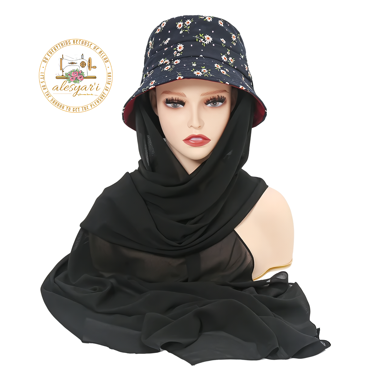 Alesyari Shop I Stylish Muslim Women's  Bucket Hat with Chiffon Hijab Ready-to-Wear Instant Headscarf for Sports and Leisure