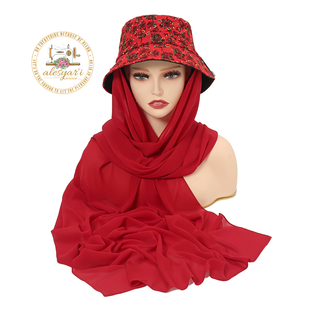 Alesyari Shop I Stylish Muslim Women's  Bucket Hat with Chiffon Hijab Ready-to-Wear Instant Headscarf for Sports and Leisure