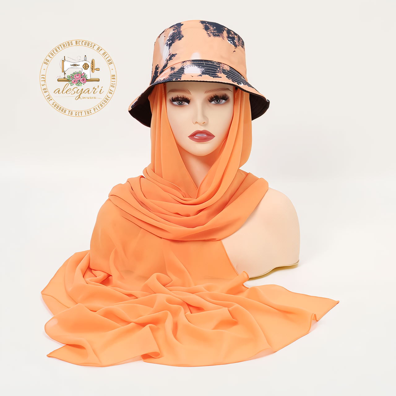 Alesyari Shop I Stylish Muslim Women's  Bucket Hat with Chiffon Hijab Ready-to-Wear Instant Headscarf for Sports and Leisure