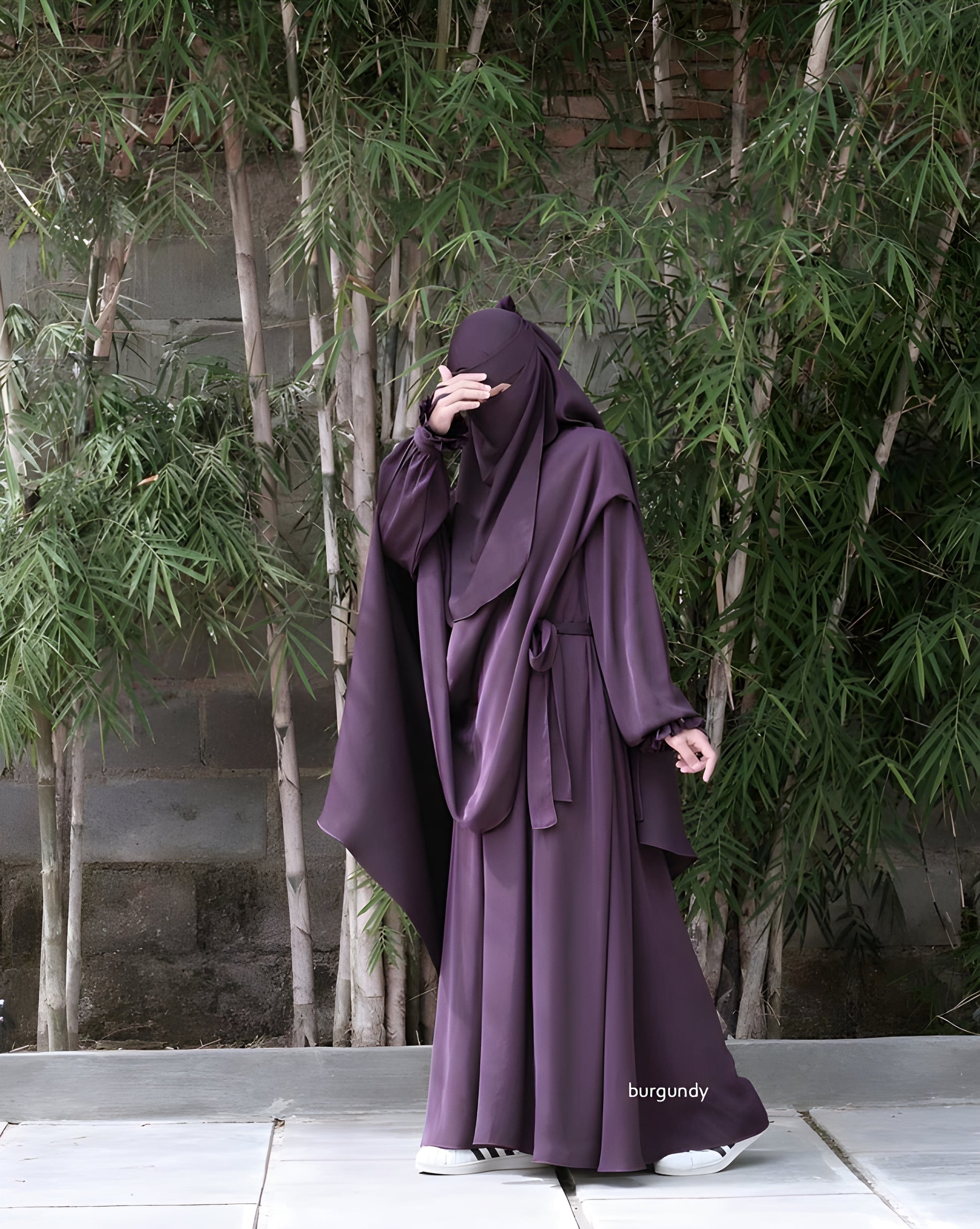 Abaya Nourah Series Basic Non Pad Khimar with Niqab Bandana in Burgundy color.