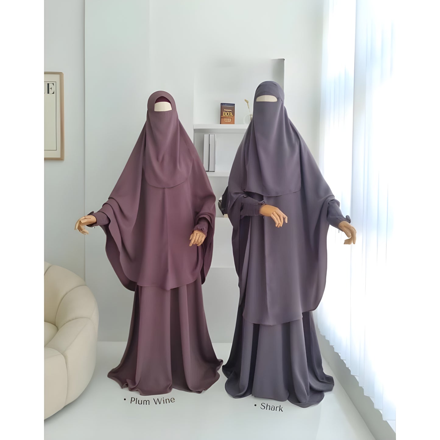 Abaya Qasidan Series Basic Non Pad and Soft Pad Khimar with Millenia Caltri Fabric Free Half Niqab or Niqab Bandana in Plum Wine and Shark color.